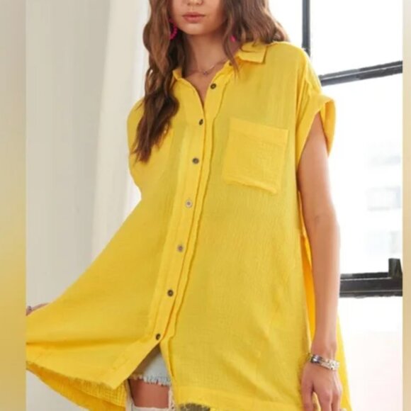 ADORA Raw Hem Collared Neck Button Down Shirt BLUE - Picture 1 of 2